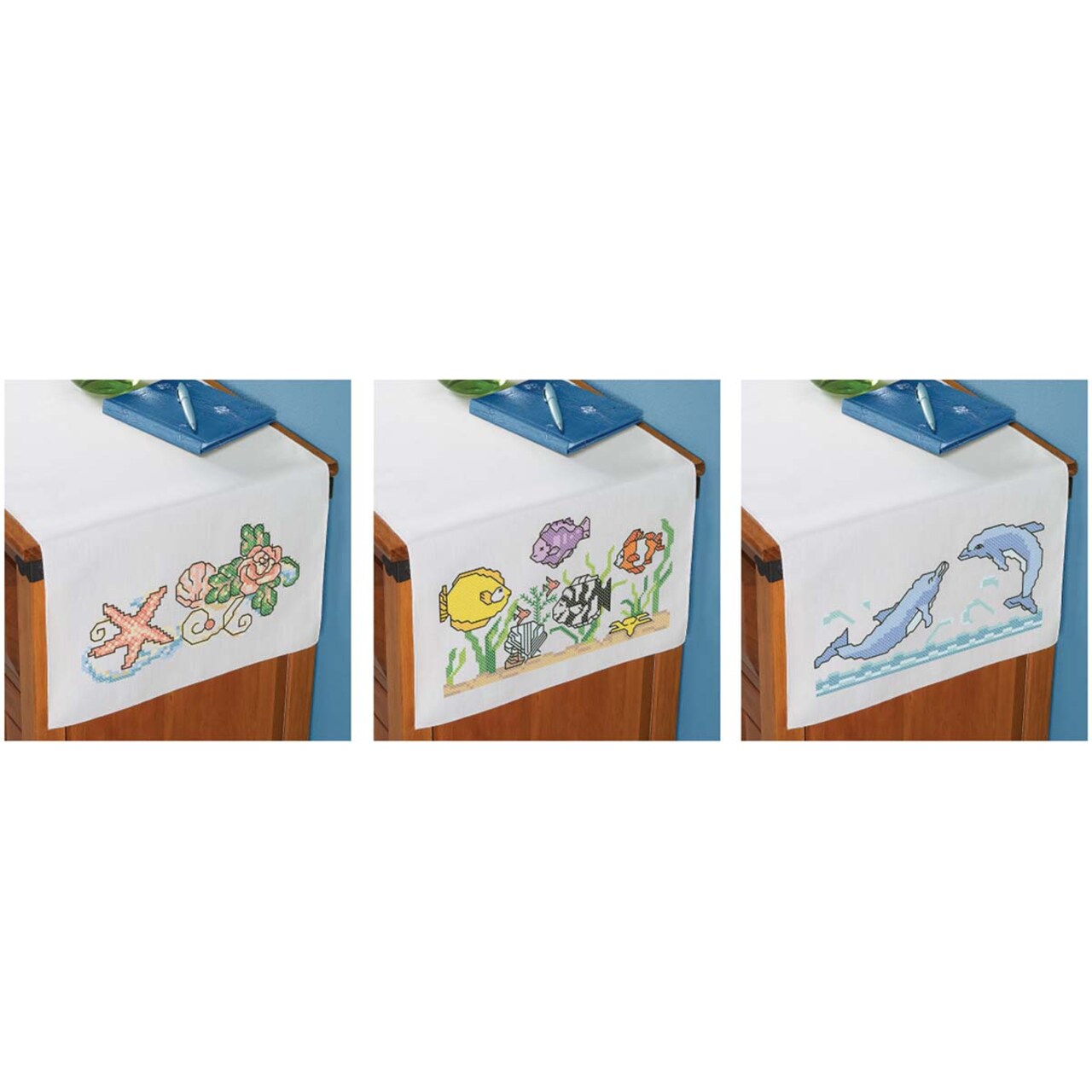 Herrschners Sealife Trio Dresser Scarf Set Stamped Cross-Stitch